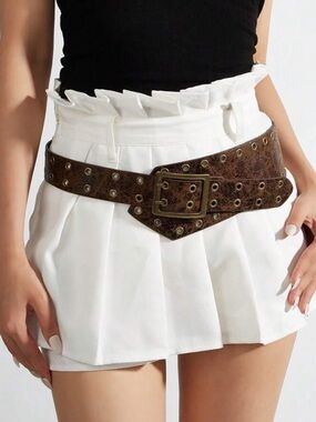 Brown Studded Wide Leather Belt with Antique Gold Buckle